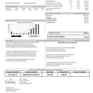 USA Colorado City of Greeley water business utility bill template in Word and PDF formats download template file
