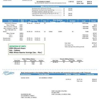 USA Colorado Fort Collins Utilities business utility bill template in Word and PDF formats download template file