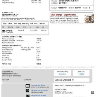 USA Colorado United Power business utility bill template in Word and PDF formats download template file