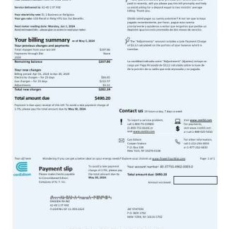 USA Con Edison electricity business utility bill template in Word and PDF formats download template file