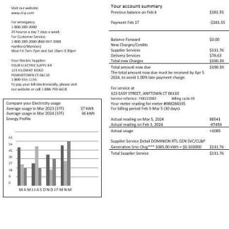 USA Connecticut Light & Power electricity business utility bill in Word and PDF formats download template file
