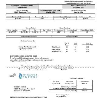 USA Florida Pensacola Energy business utility bill template in Word and PDF formats download template file
