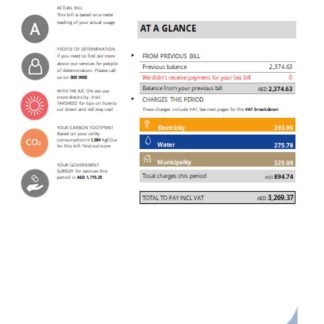 Al Ain Distribution Company utility business bill, page 2, SCR download template file