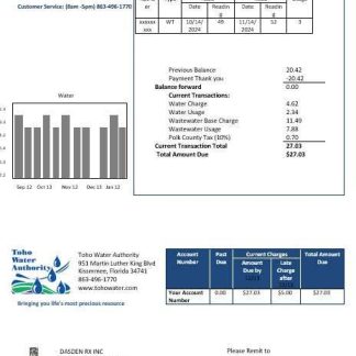 USA Florida Toho Water Authority business utility bill template in Word and PDF formats download template file