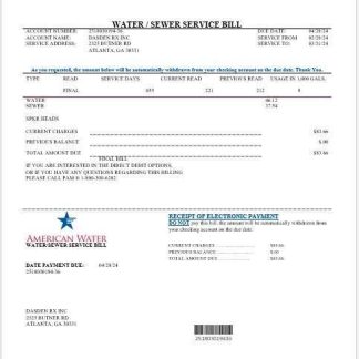 USA Georgia American Water business utility bill template in Word and PDF formats download template file