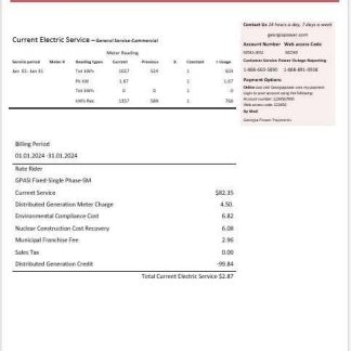 USA Georgia Power business utility bill template in Word and PDF formats, fully editable download template file