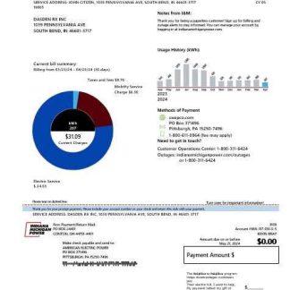 USA Indiana electricity business utility bill template in Word and PDF formats download template file