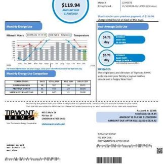 USA Indiana Tipmont business utility bill template in Word and PDF formats download template file