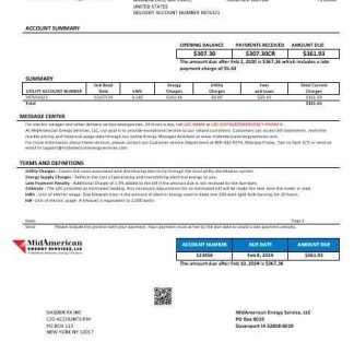 USA Iowa MidAmerican Energy Services business utility bill template in Word and PDF formats download template file