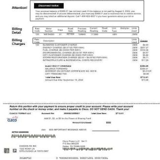 USA Louisiana Cleco Power electricity business utility bill template in Word and PDF formats download template file
