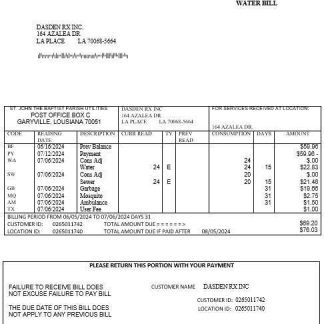 USA Louisiana St. John the Baptist Parish water business utility bill in Word and PDF formats download template file