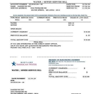 USA Maryland American water business utility bill template in Word and PDF formats download template file