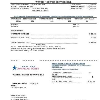 USA Maryland Georgia Water business utility bill template in Word and PDF formats download template file