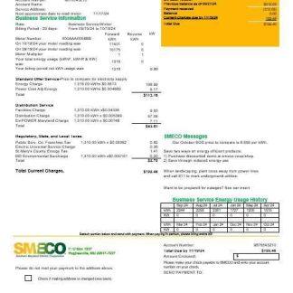 USA Maryland SMECO business utility bill template in Word and PDF formats download template file