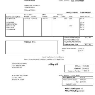 USA Massachusetts Milton Utility Dept water business utility bill template in Word and PDF formats download template file