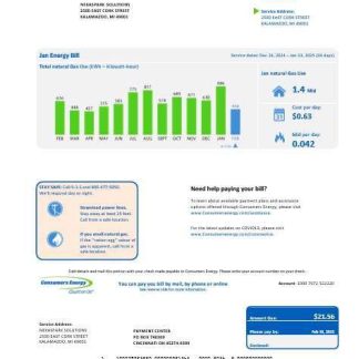 USA Michigan Consumers Energy business utility bill template in Word and PDF formats download template file