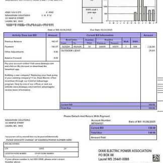 USA Mississipi Dixie Electric business utility bill template in Word and PDF formats download template file