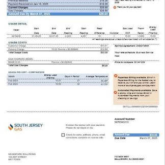 USA New Jersey South Jersey Gas business utility bill template in Word and PDF formats download template file