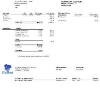 USA Ohio Kalahari Waterpark Resort business utility bill template in Word and PDF formats download template file