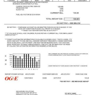 USA Oklahoma OGE Energy business utility bill template in Word and PDF formats download template file