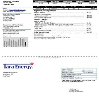 USA Texas Tara Energy business utility bill template in Word and PDF formats download template file