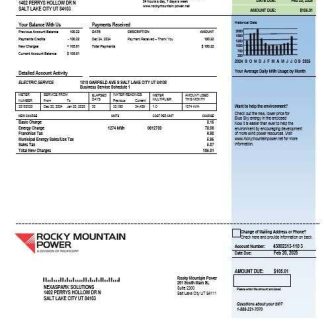 USA Utah Rocky Mountain Power electricity business utility bill template in Word and PDF formats download template file