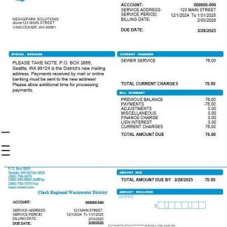 USA Washington Clark Regional Wastewater District business utility bill, Word and PDF template download template file