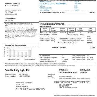 USA Washington Seattle City Light business utility bill template in Word and PDF formats download template file