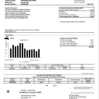 USA Washington Water Service business utility bill template in Word and PDF formats download template file