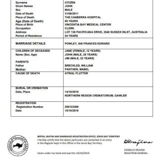 Australia Jervis Bay Territory death certificate template in Word format download template file