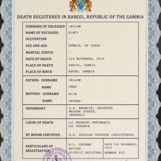 Gambia death certificate PSD template download template file