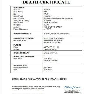 Gambia vital record death certificate Word and PDF download template file