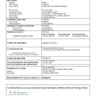 Ghana vital record death certificate Word and PDF template download template file
