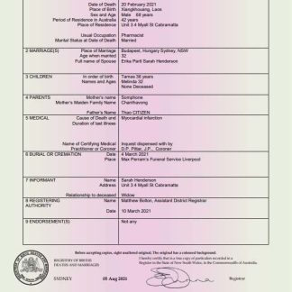 Australia New South Wales Death Certificate template in Word and PDF format download template file