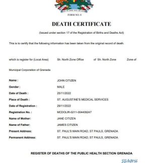 Grenada vital record death certificate Word and PDF template download template file