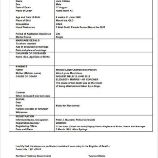 Australia Northern Territory of Australia death certificate template in Word format download template file