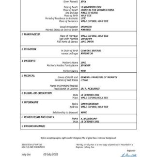 Holy See vital record death certificate Word and PDF template download template file