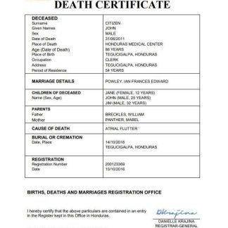 Honduras vital record death certificate Word and PDF template download template file