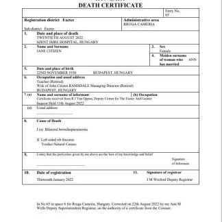 Hungary vital record death certificate Word and PDF templat download template file