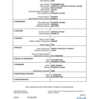 Iceland vital record death certificate Word and PDF template download template file