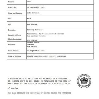 Australia Tasmania death certificate template in Word download template file