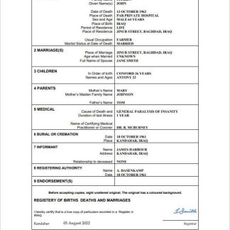 Iraq vital record death certificate Word and PDF template download template file