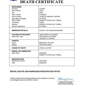 Israel death certificate Word and PDF template download template file
