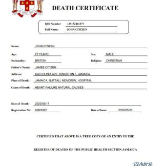 Jamaica vital record death certificate Word and PDF template download template file