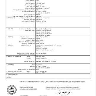 Australia Victoria death certificate template in Word format download template file