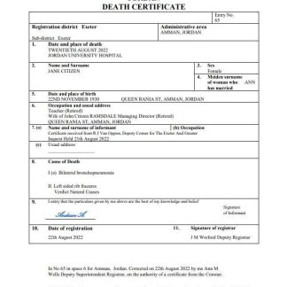 Jordan vital record death certificate Word and PDF template download template file