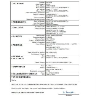 Kenya vital record death certificate Word and PDF template download template file