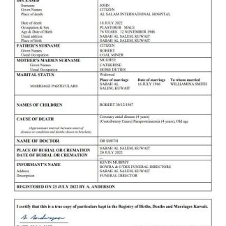 Kuwait death certificate Word and PDF template download template file