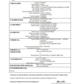 Laos vital record death certificate Word and PDF template download template file