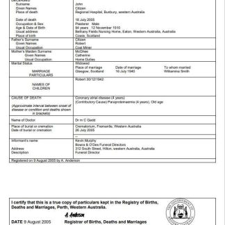 Australia Western Australia death certificate template in Word download template file
